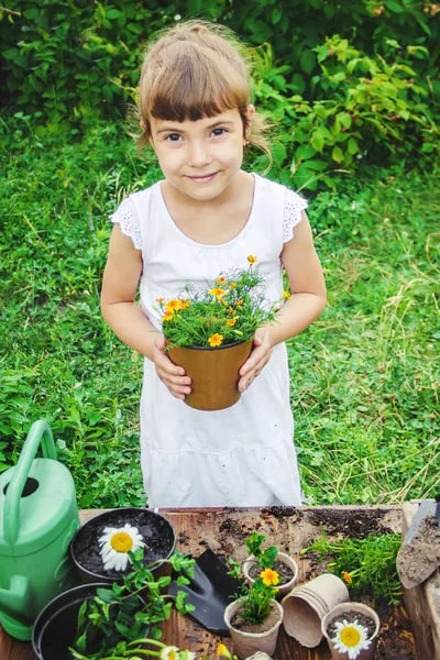 Маленькая Девочка Сажает Цветы Молодой Садовник Селективный Фокус — стоковое фото