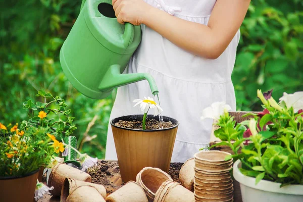 Uma Menina Está Plantando Flores Jovem Jardineiro Foco Seletivo — Fotografia de Stock