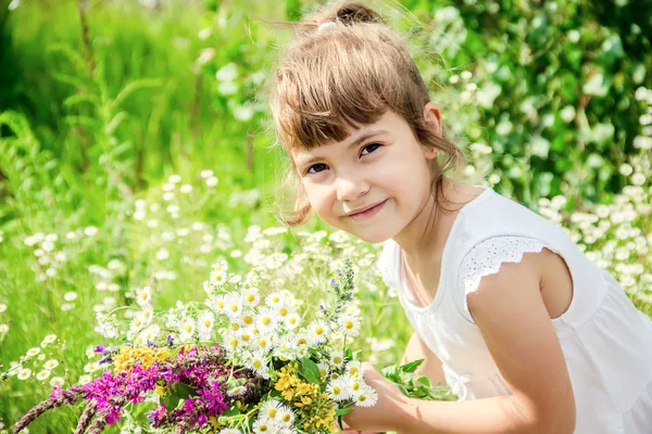Bir demet kır çiçekleri ile çocuğu. Seçici odak. Doğa.