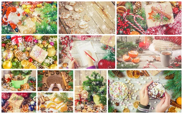 collage of Christmas pictures. Seasons. Selective focus Holidays