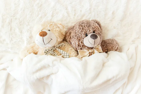 Children Toy Sleeps Blanket Copy Space Selective Focus Kids — Stock Photo, Image