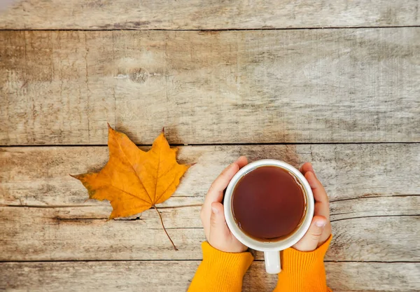 cup of tea in the hands of a child and a cozy autumn background. Selective focus. Kids.