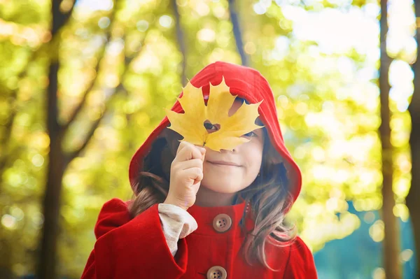 Dítě Červeném Kabátě Podzimní Listy Miluju Podzim Selektivní Fokus Příroda — Stock fotografie
