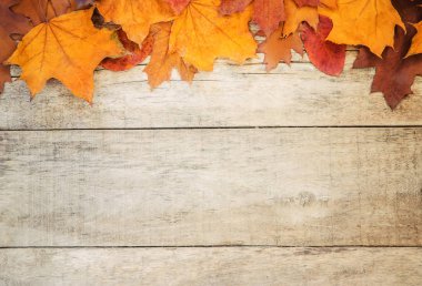 sonbahar yaprakları ahşap arka plan üzerinde. Seçici odak. Doğa