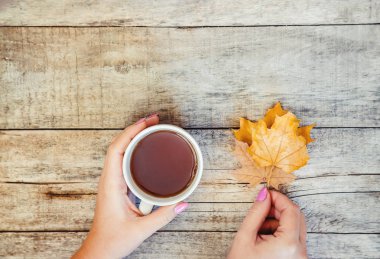 Bir fincan çay ve sıcak bir sonbahar arka plan. Seçici odak. içki.