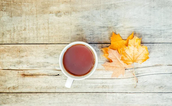 一杯の紅茶と居心地の良い秋の背景 選択と集中 — ストック写真