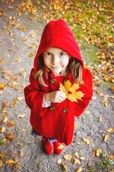 秋に赤いコートの子を残します 秋が大好きです 選択と集中 — ストック写真