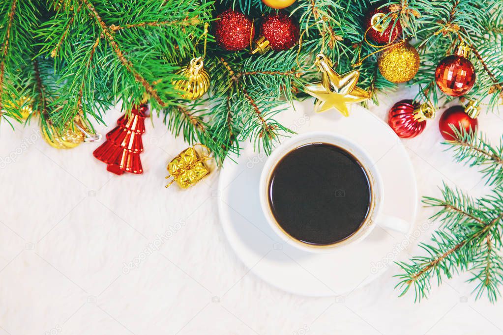cup of coffee on a christmas background. Christmas morning. Selective focus. 2019.