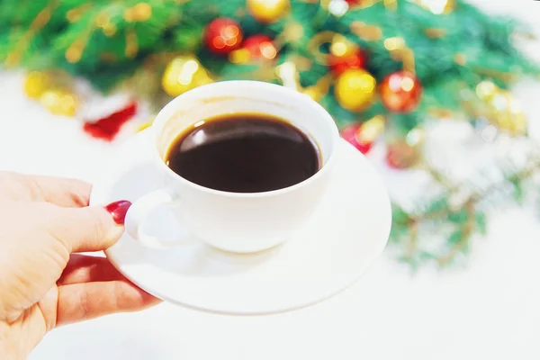 Tasse Café Sur Fond Noël Matin Noël Concentration Sélective 2019 — Photo