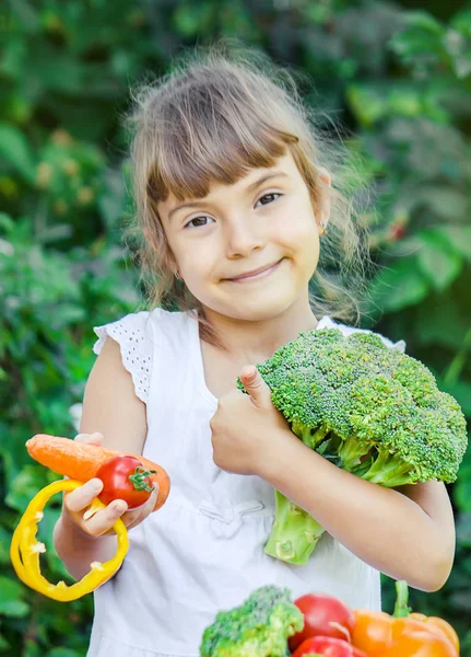 子供は野菜を食べる 夏の写真 選択的焦点性 — ストック写真