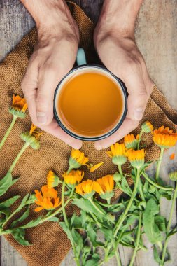 Calendula çay ve çiçekler. Seçici odak. doğa içki