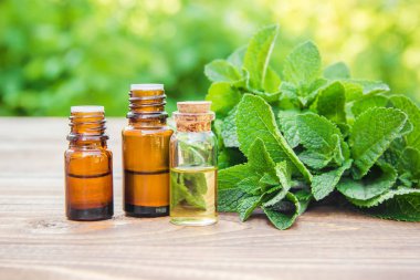 Küçük bir kavanoza nane özü. Seçici odak.