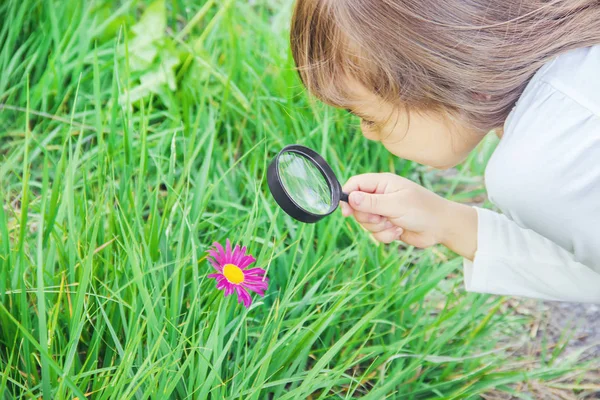 Il bambino sta guardando in una lente d'ingrandimento. Aumentare. focus selettivo. — Foto Stock