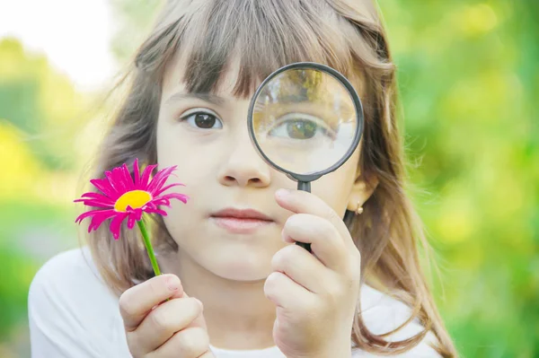 The child is looking in a magnifying glass. Increase. selective focus. — Stock Photo, Image