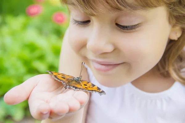 Enfant avec un papillon. Idée leucone. Concentration sélective. — Photo