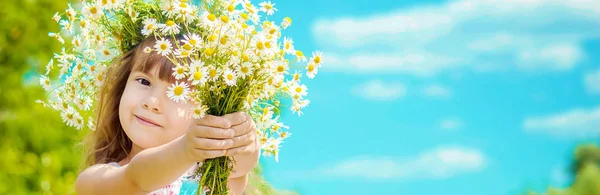 Mädchen mit Kamille. Selektiver Fokus. Naturblumen. — Stockfoto