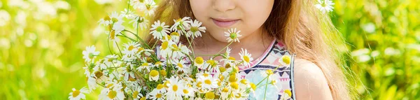 Mädchen mit Kamille. Selektiver Fokus. Naturblumen. — Stockfoto