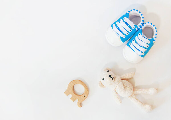 newborn. baby accessories on a light background. Selective focus.