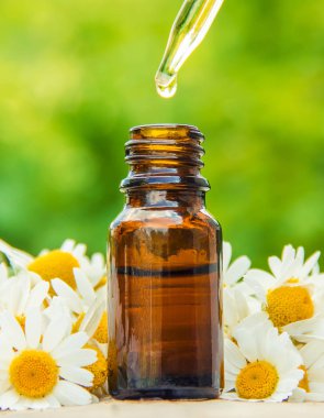 Papatya çayı küçük bir şişede. Seçici odak.