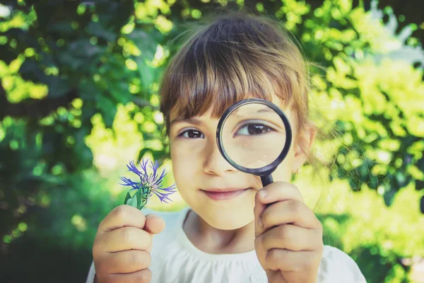 Il bambino sta guardando in una lente d'ingrandimento. Aumentare. focus selettivo. — Foto Stock