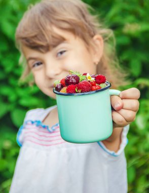 Çocuk bahçede kiraz topluyor. Seçici odak.