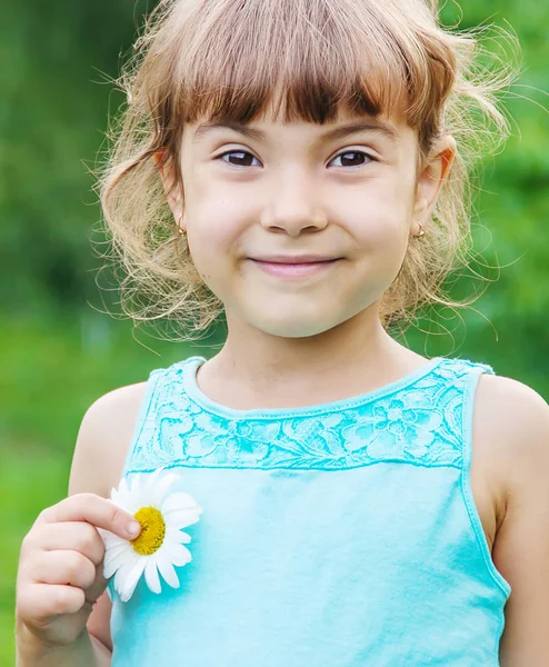 La fille tient des fleurs de camomille dans ses mains. Concentration sélective . — Photo