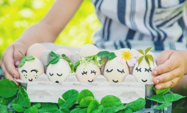 güzel yüzleri ve bir gülümseme ile ev yapımı yumurta. Seçici odaklama.