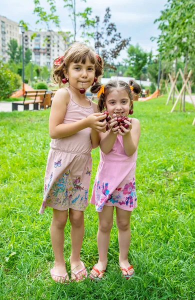 子供たちは夏にサクランボを食べる。選択フォーカス. — ストック写真