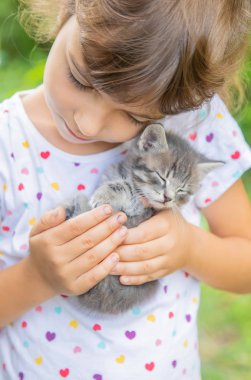 Çocukların elinde küçük kedi yavruları. Seçici odaklama.