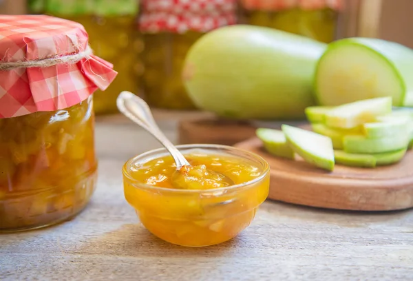 Preservation of zucchini. Zucchini jam. Selective focus.