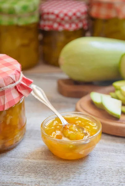 Preservation of zucchini. Zucchini jam. Selective focus.