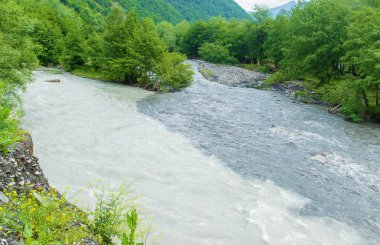Gürcistan dağları ve dağ nehirleri. Seçici odaklama.