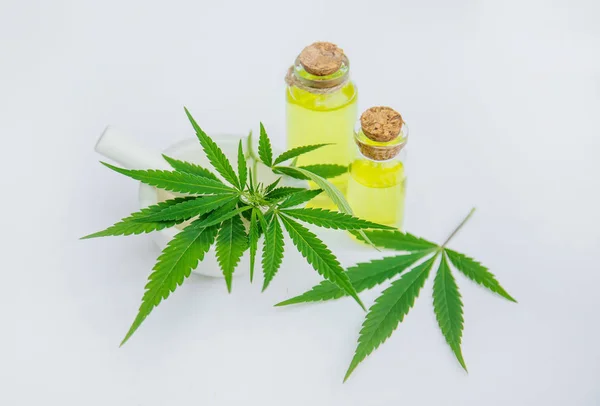 Erva de cannabis e folhas para caldo de tratamento, tintura, extrato , — Fotografia de Stock