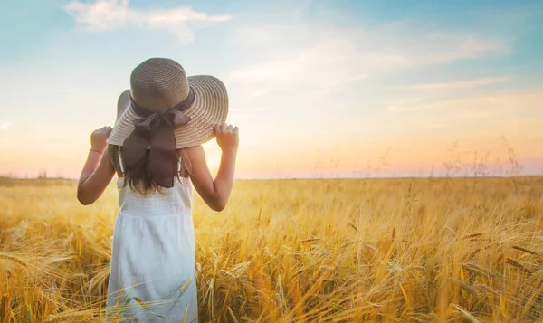 Ein Kind in einem Weizenfeld. Sonnenuntergang. Selektiver Fokus. — Stockfoto