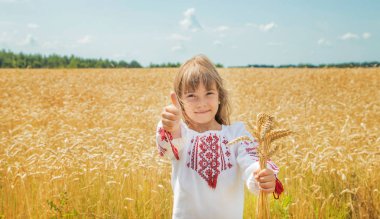 Nakışlı gömlekli buğday tarlasında ki bir çocuk. Ukrayna dili. Seçici odaklama.