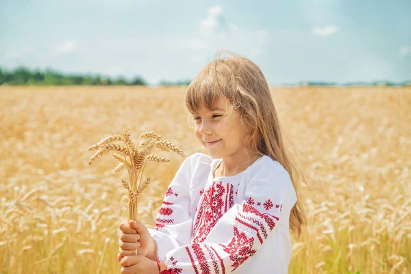 Dziecko w polu pszenicy w haftowanej koszulce. Ukraiński. Selektywna koncentracja. — Zdjęcie stockowe