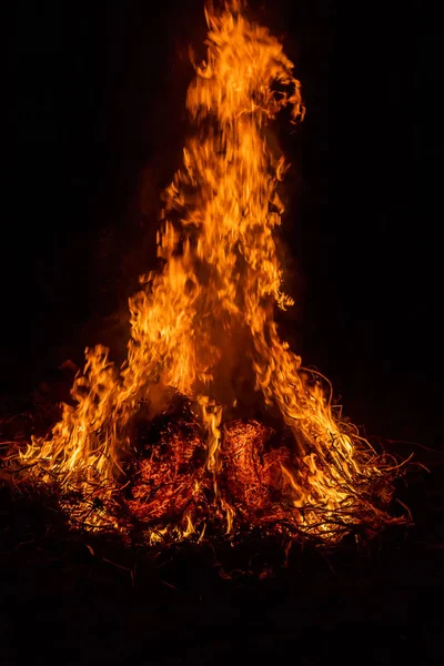 Grande fogueira, fogo de relva queimado. Foco seletivo . — Fotografia de Stock