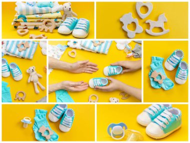 Renkli bir arka plan üzerinde kolaj bebek aksesuarları. Seçici odaklama.