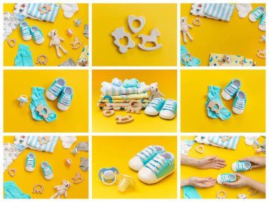 Renkli bir arka plan üzerinde kolaj bebek aksesuarları. Seçici odaklama.