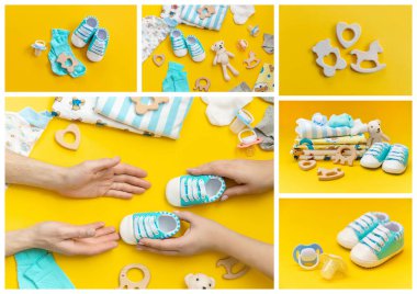 Renkli bir arka plan üzerinde kolaj bebek aksesuarları. Seçici odaklama.