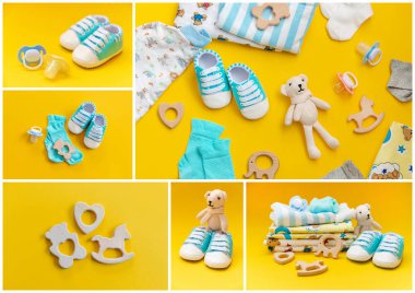 Renkli bir arka plan üzerinde kolaj bebek aksesuarları. Seçici odaklama.