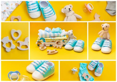 Renkli bir arka plan üzerinde kolaj bebek aksesuarları. Seçici odaklama.