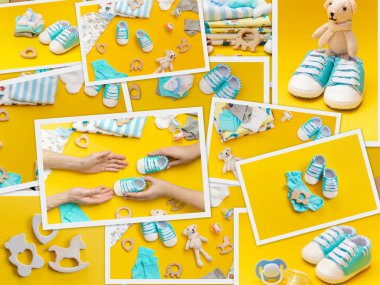 Renkli bir arka plan üzerinde kolaj bebek aksesuarları. Seçici odaklama.