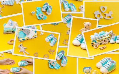 Renkli bir arka plan üzerinde kolaj bebek aksesuarları. Seçici odaklama.