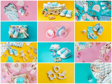Renkli bir arka plan üzerinde kolaj bebek aksesuarları. Seçici odaklama.