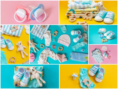 Renkli bir arka plan üzerinde kolaj bebek aksesuarları. Seçici odaklama.