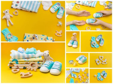 Renkli bir arka plan üzerinde kolaj bebek aksesuarları. Seçici odaklama.