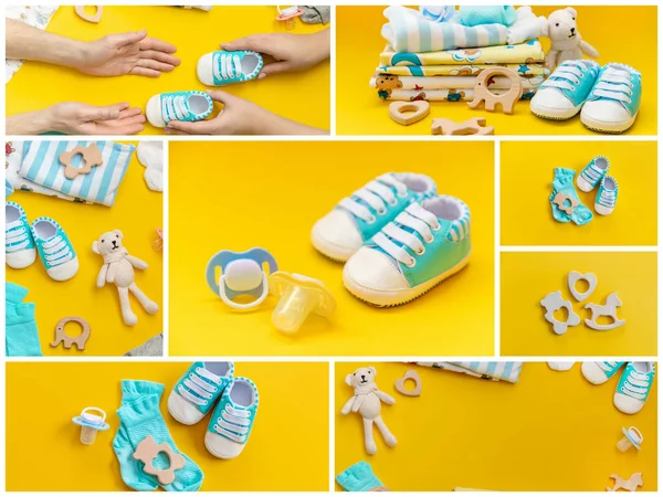 Renkli bir arka plan üzerinde kolaj bebek aksesuarları. Seçici odaklama.