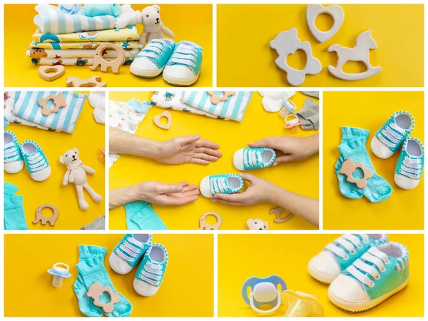 Renkli bir arka plan üzerinde kolaj bebek aksesuarları. Seçici odaklama.