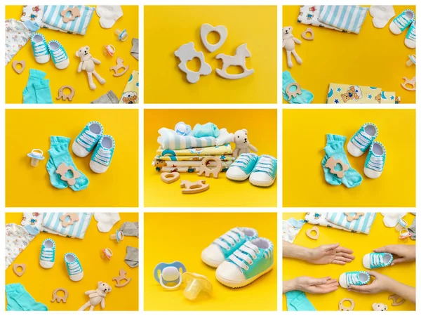 Renkli bir arka plan üzerinde kolaj bebek aksesuarları. Seçici odaklama.
